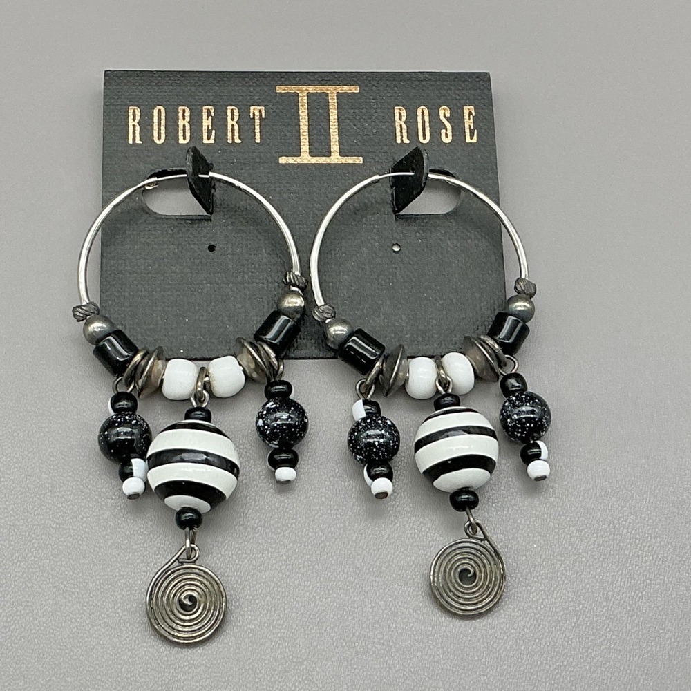 Robert Rose Earrings Black White Beaded Hoop Dangle Drop Womens Boho Jewelry